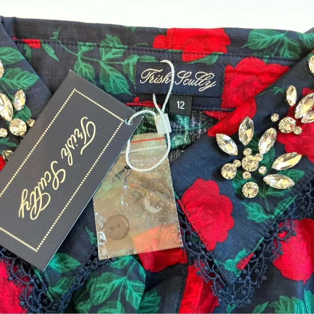 NWT Trish Scully Constance Maxi Dress Navy Rose Floral 12 Rhinestone Long Sleeve - Picture 13 of 17